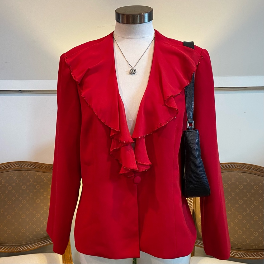 Vintage 90s Elegant Red Blazer with Ruffles Beaded Details, Women's LG, Romantic